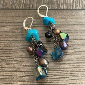Vintage Sterling Lever Back Shell, Stone, and Crystal Dangle Earrings